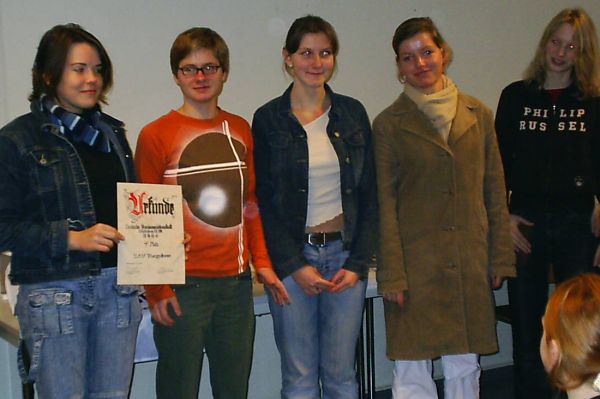 Die u20-Mannschaft bei der Deutschen Vereinsmeisterschaft 2004, v.l.n.r.: Toni Vlschow, Steffi Janota, Lysan Stemmler, Karin Focke und Lisa Behm; Foto: Steffen Bigalke