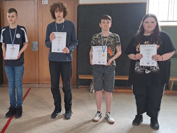 AK u14, v.l.n.r.: 3. Calvin Lipkowski (SAV Torgelow), 2. Emil Wolff (Greifswalder SV), 1. Julius Wrage (SAV Torgelow), 1. Ronja Wilke (SAV Torgelow, U14w)